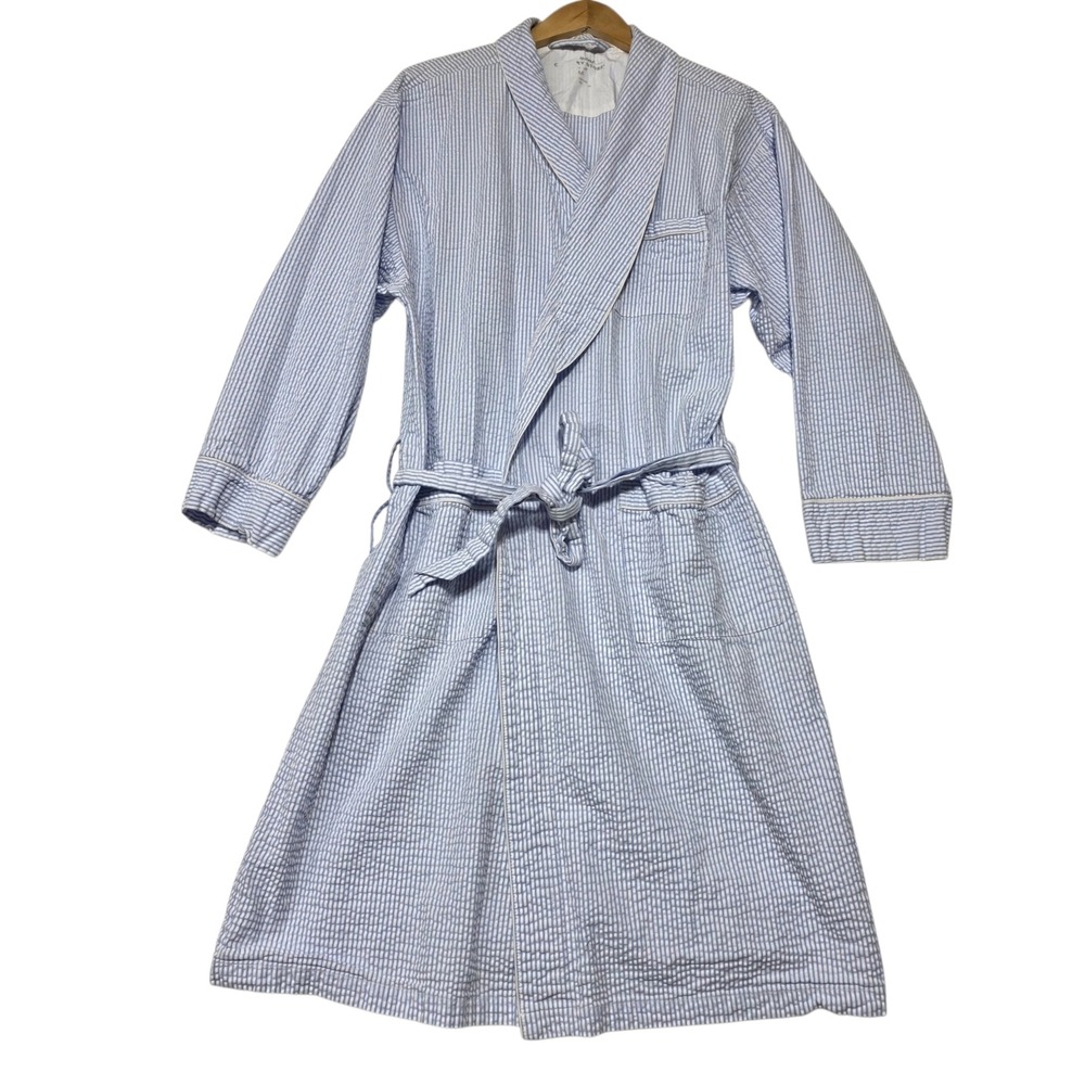 Vermont Country Store Robe Womens Medium Blue Seersucker Cotton Striped Belted - Picture 8 of 8
